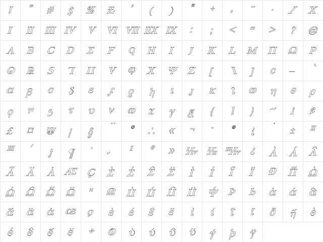 Achilles Outline Italic Outline Italic  glyph index