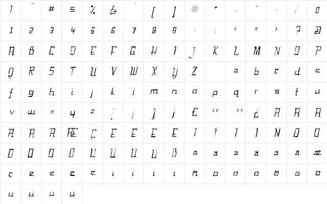 Fabian Gaunt Italic  glyph index