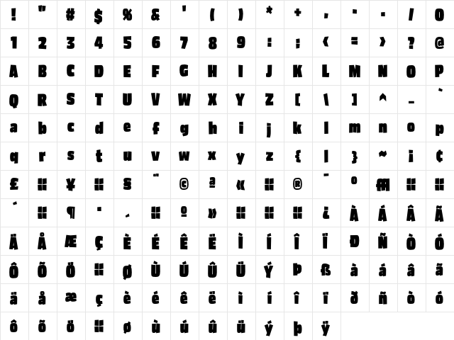 Asphalt BlackCondensed  glyph index