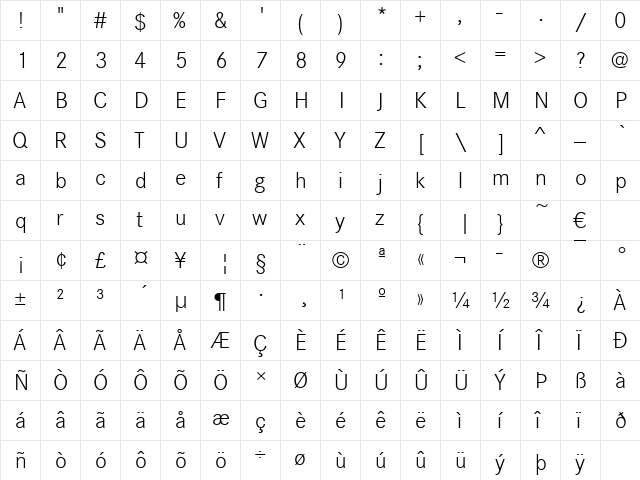 CorpoSLig Regular  glyph index