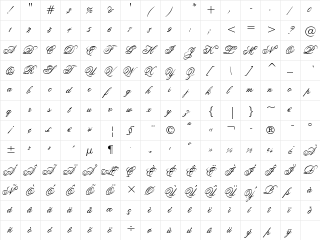 FlemishScript BT Regular  glyph index
