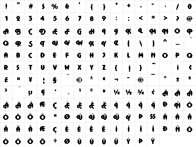 Plaza44 Becker Regular  glyph index