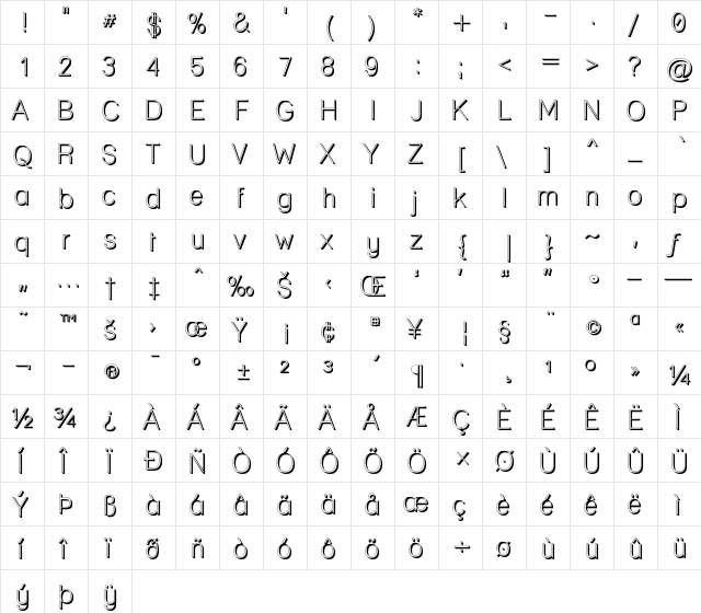 Lane - Posh Regular  glyph index