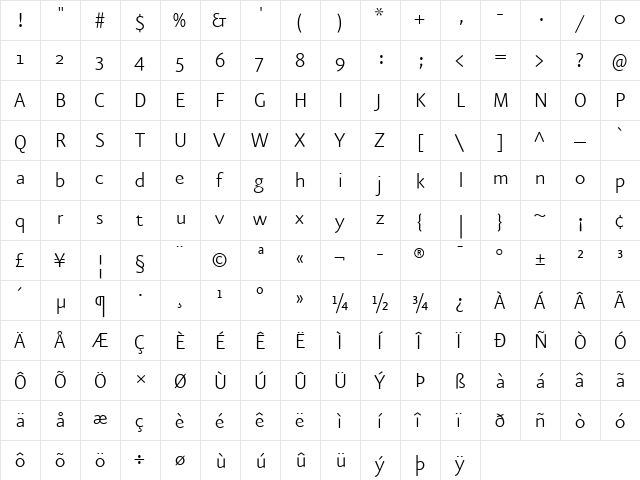 Eureka Sans Light  glyph index
