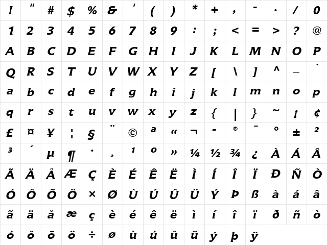 Icone LT Regular Bold Italic  glyph index