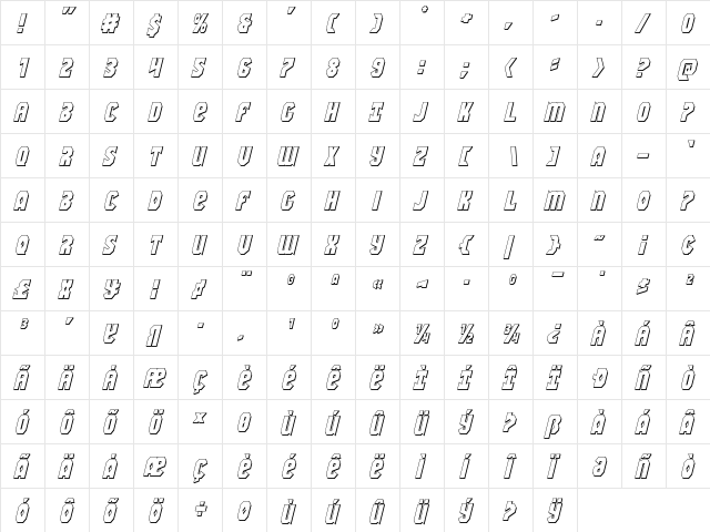 Warrior Nation 3D Italic Italic  glyph index