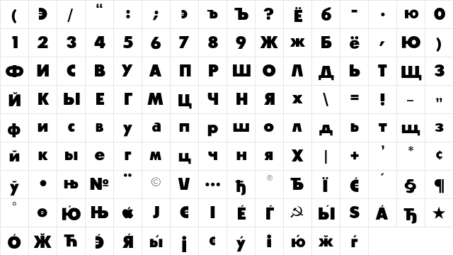 GlasnostExtrabold Regular  glyph index