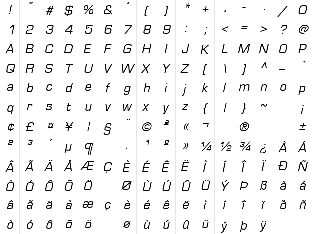 Green Mountain 5 Italic  glyph index