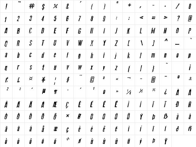 Old Press Italic  glyph index