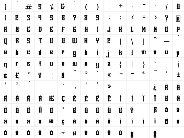 Rackles Regular  glyph index
