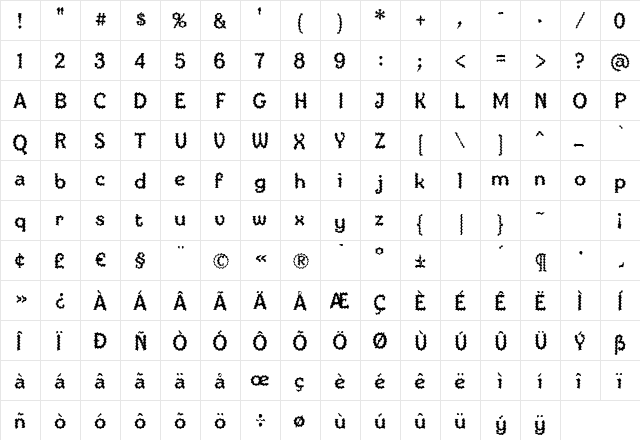 IngBurried Regular  glyph index