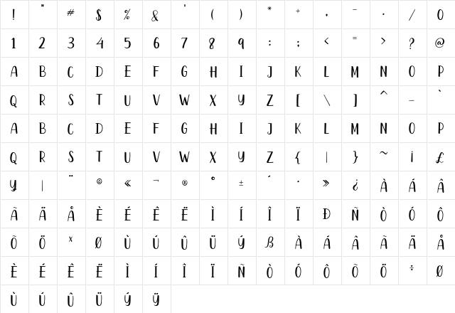 Heathens Sans Regular  glyph index