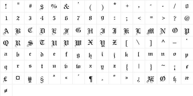 Old English Regular  glyph index