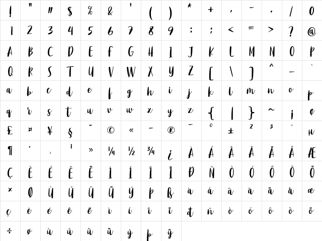 Purple River Regular  glyph index