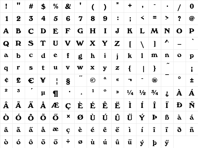 Whitehall Bold  glyph index