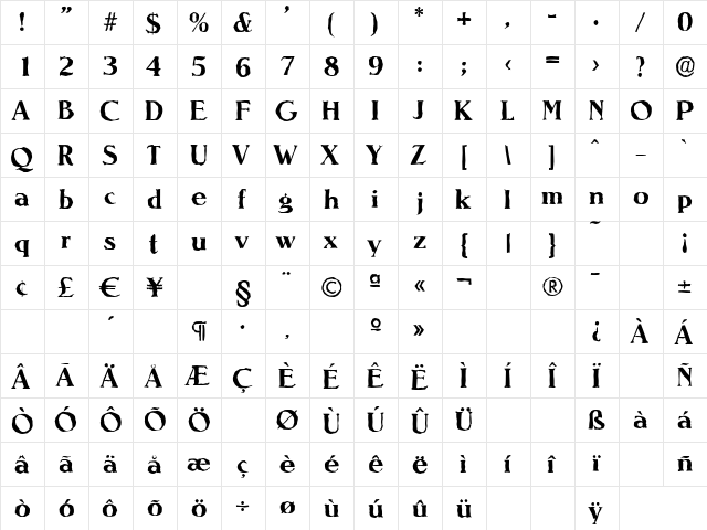 NevadaAntique Bold  glyph index