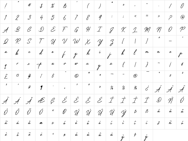 Capetown Signature Slant Regular  glyph index