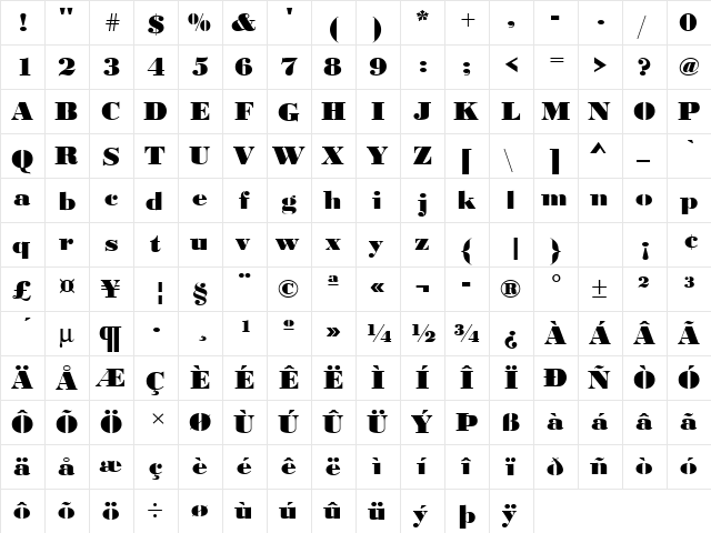 URWBodoniDExtBolWid Regular  glyph index