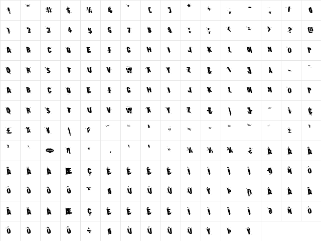 Earthshake Leftalic Italic  glyph index