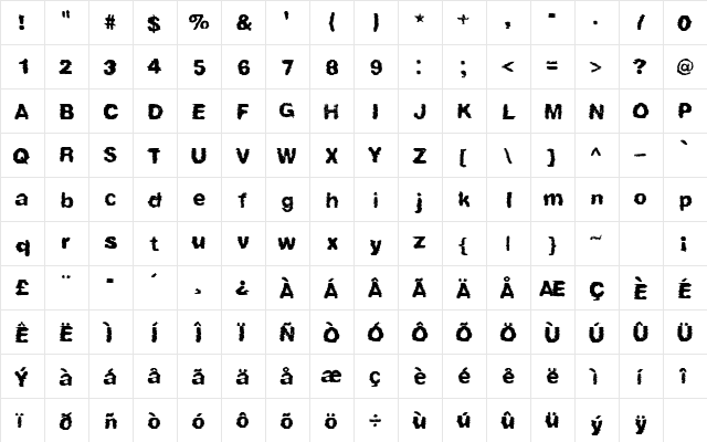 Zipties Regular  glyph index