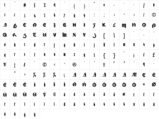 Bastard Bold  glyph index