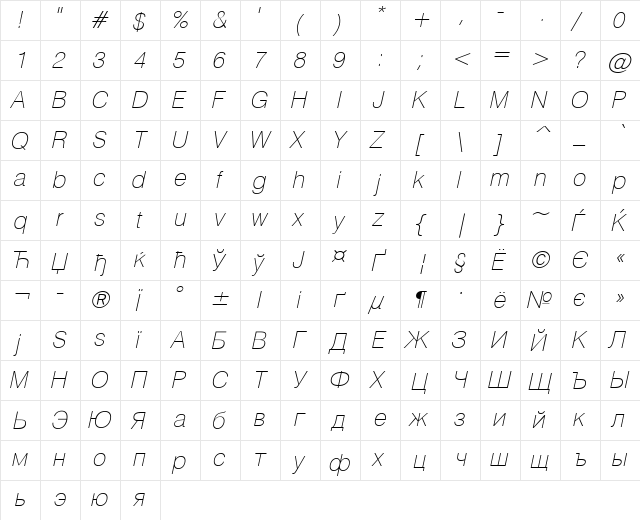 HeliosThin Regular  glyph index