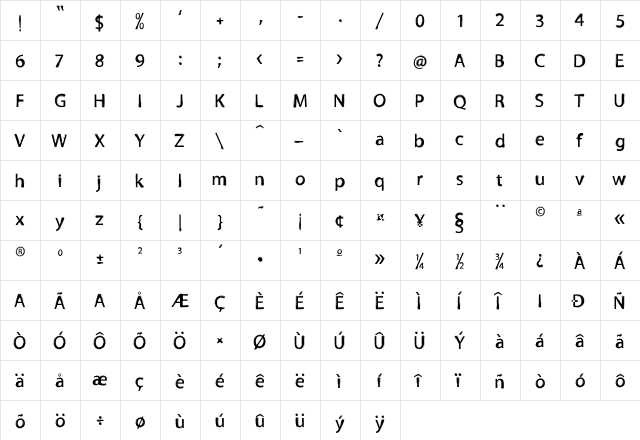 TNEWPRO Normal  glyph index