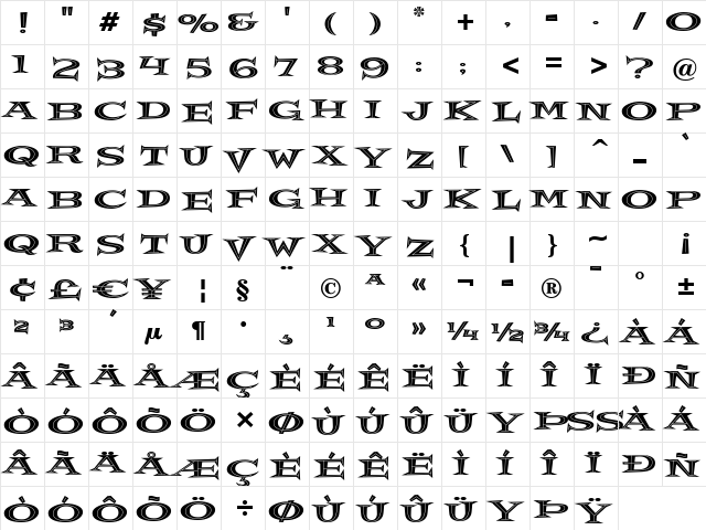 Crazy Loot BTN Inline Regular  glyph index