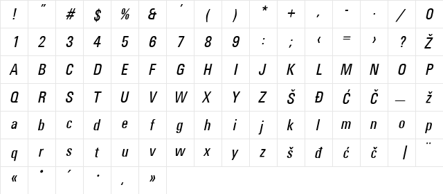 Universans570_PP Italic  glyph index