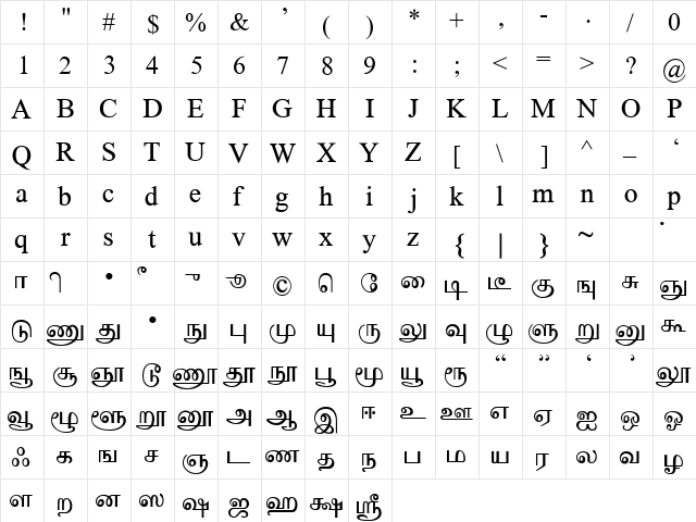 TABThunaivan Normal  glyph index