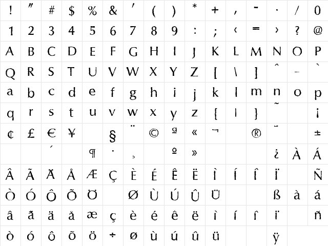 ColumbiaAntique Regular  glyph index