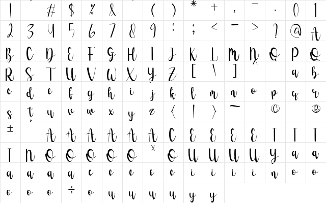 Cactus Regular  glyph index