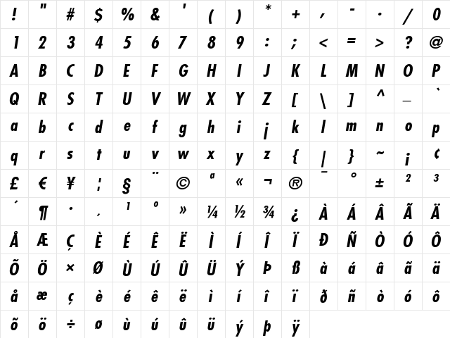 Futura LT CondensedBoldOblique  glyph index