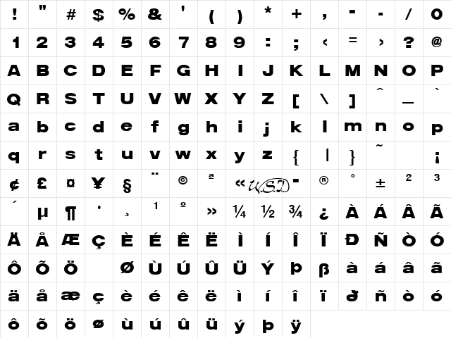 Arena Black Extended Regular  glyph index