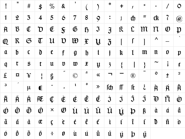 TypographerGotisch C Regular  glyph index