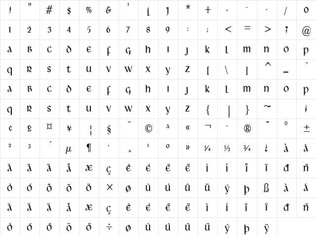 Leo Condensed Normal  glyph index