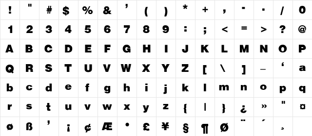 Bern Bold Bold  glyph index
