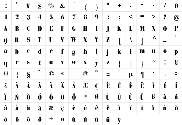 Bodoni Bauer BQ Regular  glyph index