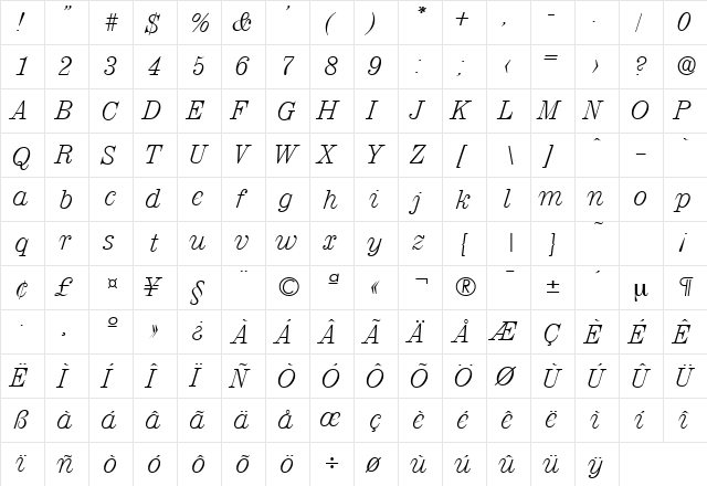 Valencia-Serial-ExtraLight RegularItalic  glyph index