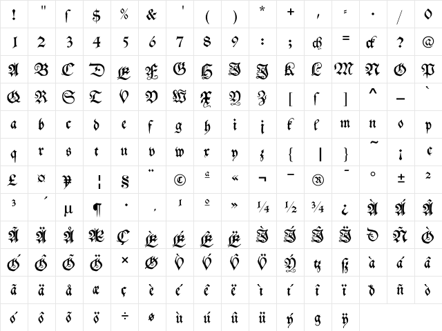 Schwabacher Regular  glyph index