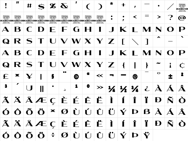 Molly Serif E PERSONAL Bold  glyph index