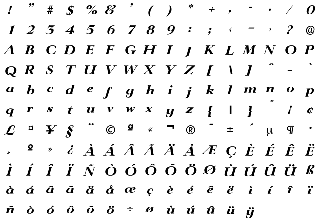 Lingwood-BoldIta Regular  glyph index