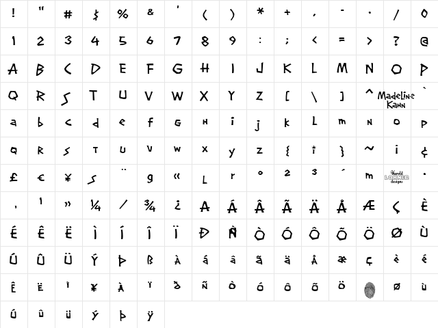 Screwball Regular  glyph index
