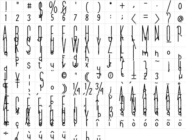 Andeglei san Regular  glyph index