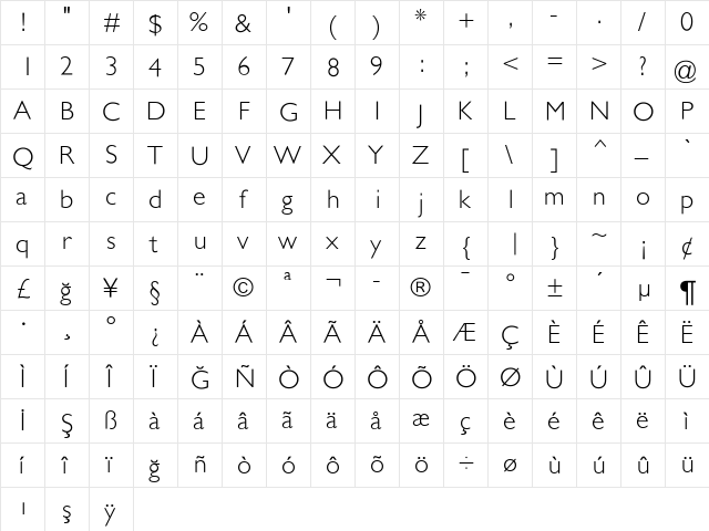 GillSansLight Regular  glyph index