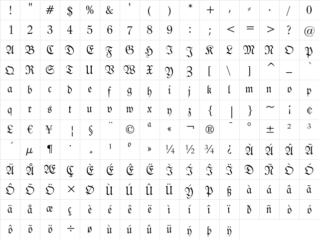 Fraktur Regular  glyph index