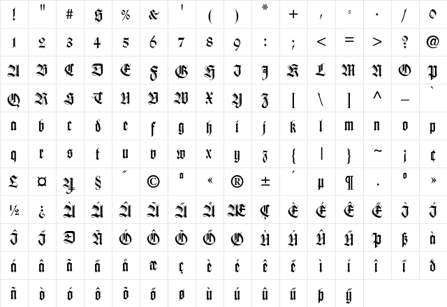 WilhelmKlingsporGotisch Regular  glyph index