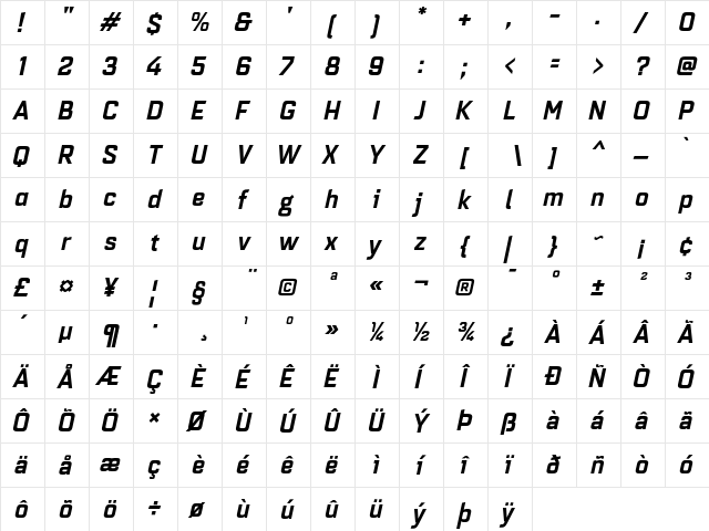 Quarca Norm Bold Italic  glyph index