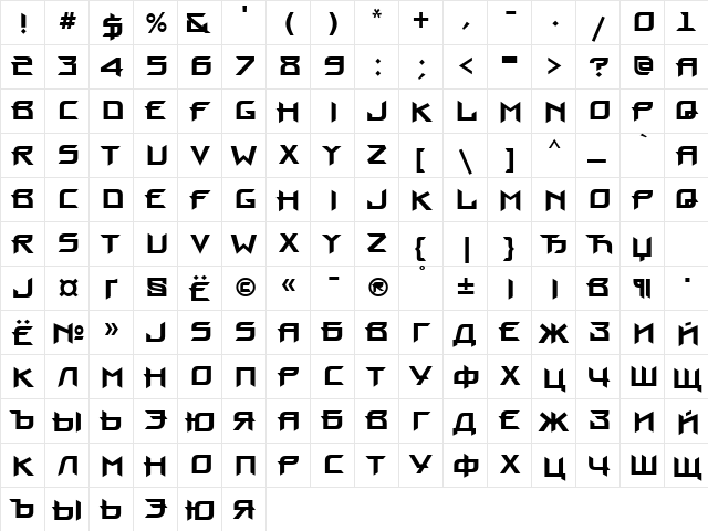 Proun Bold  glyph index