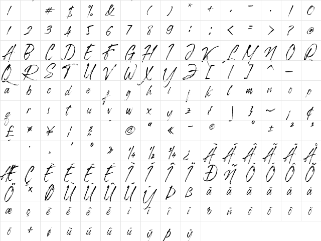 Roughmarker Regular  glyph index